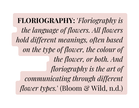 FLORIOGRAPHY Floriography is the language of flowers All flowers hold different meanings often based on the type of flower the colour of the flower or both And floriography is the art of communicating through different flower types Bloom Wild n d